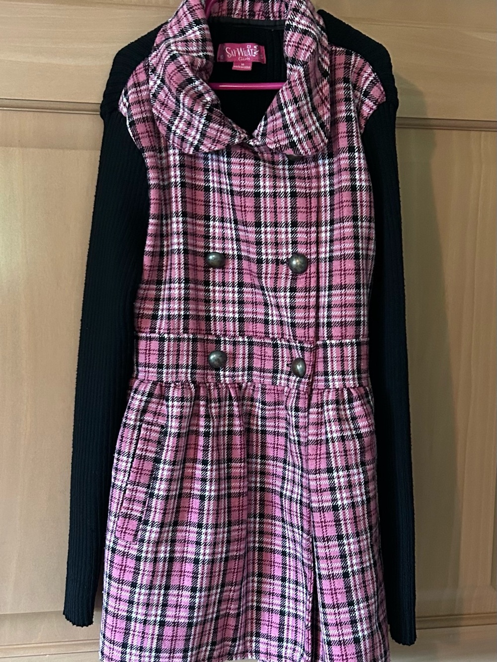 Say What? Girls Pink & Black Plaid Double Breasted Coat Dress - Size M (7/8)